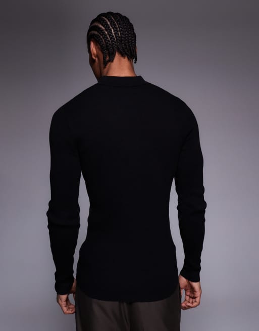 ASOS DESIGN – Essential – Svart, tunt ribbstickad pikétröja i muscle fit, 3 av 5