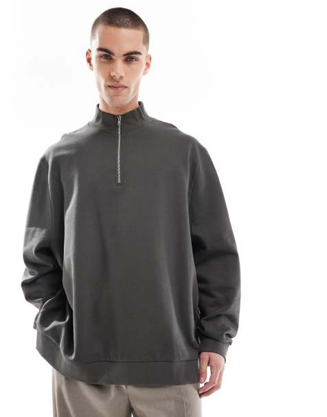 ASOS DESIGN – Essential – Sweatshirt in Khaki mit kurzem Reißverschluss - view 1