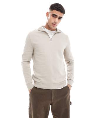 Asos Design Essential Sweatshirt With Half Zip In Beige-neutral