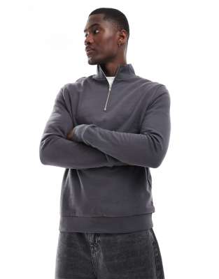 Asos Design Essential Sweatshirt With Half Zip In Charcoal-gray