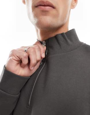 Asos Design Essential Sweatshirt With Quarter Zip In Green