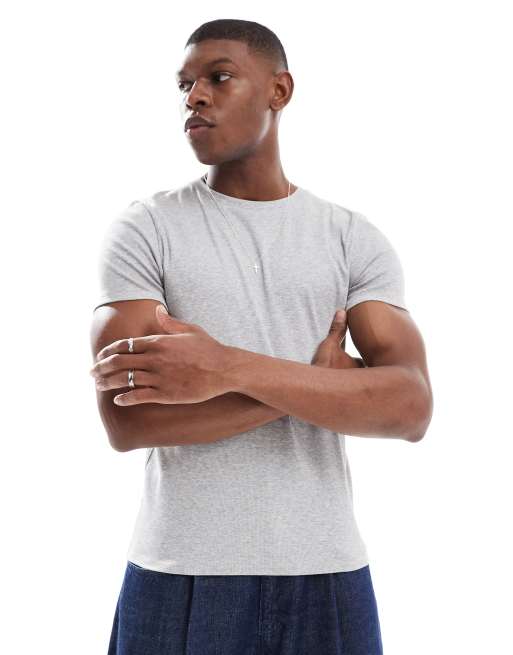 ASOS DESIGN – Essential – Szary melanżowy prążkowany T-shirt o kroju podkreślającym sylwetkę