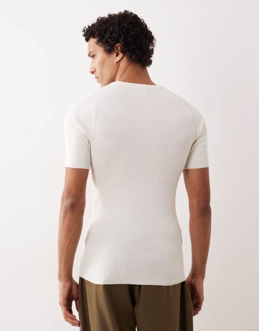 ASOS DESIGN - Essential - T-shirt attillata in maglia écru a coste con maniche a sella, 4 di 5