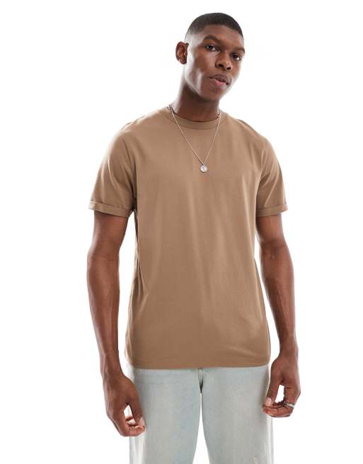 ASOS DESIGN - Essential - T-shirt met ronde hals en omgeslagen mouwen in bruin