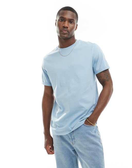 ASOS DESIGN - Essential - T-shirt met ronde hals en omgeslagen mouwen in lichtblauw