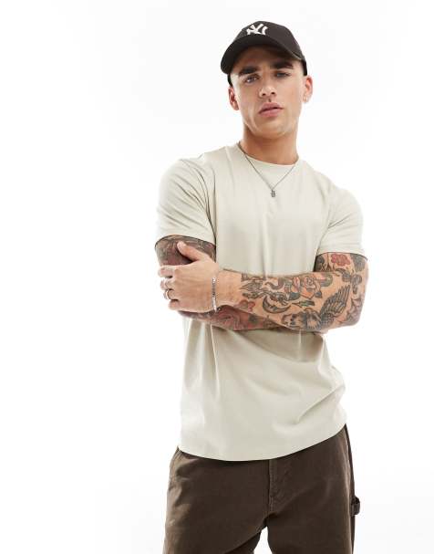 ASOS DESIGN - Essential - T-shirt met ronde hals en omgeslagen mouwen in stone - view 1