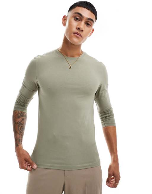 ASOS DESIGN – Essential – T-shirt o kroju podkreślającym sylwetkę z długim rękawem w kolorze khaki
