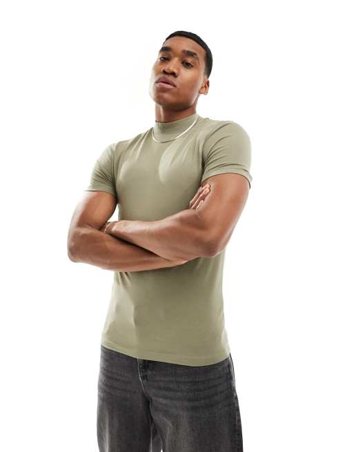 ASOS DESIGN – Essential – T-shirt o kroju podkreślającym sylwetkę z zabudowanym dekoltem w kolorze khaki