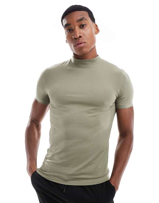 ASOS DESIGN – Essential – T-shirt o kroju podkreślającym sylwetkę z zabudowanym dekoltem w kolorze khaki