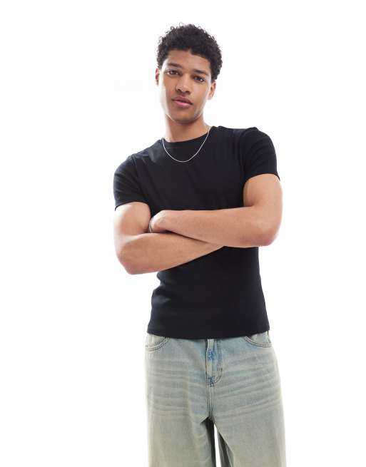 ASOS DESIGN - Essential - Tætsiddende ribstrikket t-shirt i sort