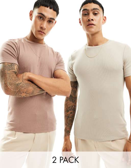 ASOS DESIGN – Essential – Zestaw 2 prążkowanych T-shirtów o kroju podkreślającym sylwetkę, w kolorach szarobeżowym i brązowym