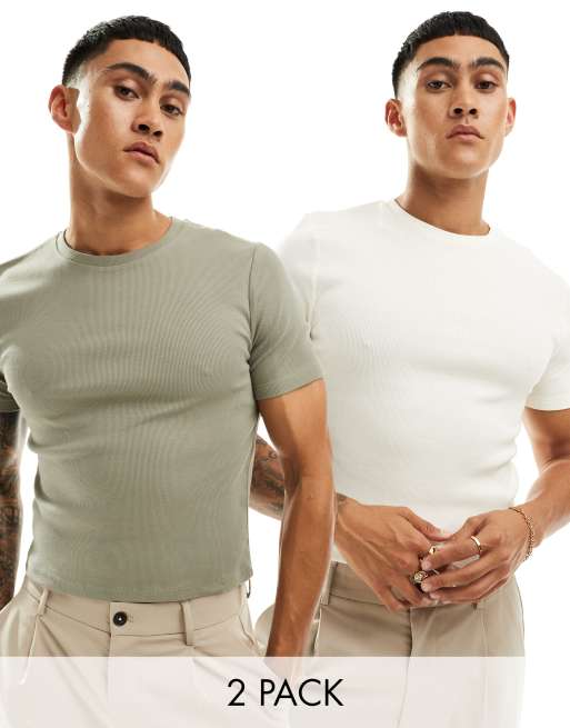 ASOS DESIGN – Essential – Zestaw 2 prążkowanych T-shirtów o kroju podkreślającym sylwetkę, w kolorach złamanej bieli i khaki