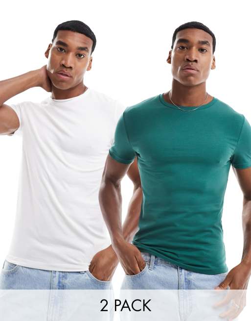ASOS DESIGN – Essential – Zestaw 2 T-shirtów o kroju podkreślającym sylwetkę, w kolorach ciemnozielonym i białym 
