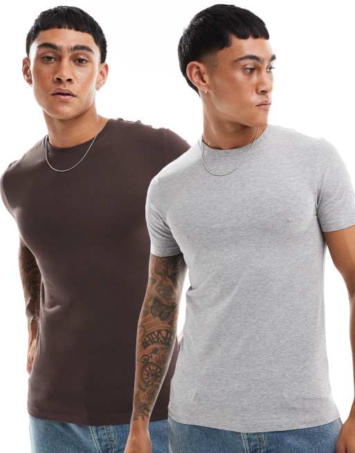 ASOS DESIGN – Essential – Zestaw 2 T-shirtów o kroju podkreślającym sylwetkę, w kolorach szarym melanżowym i brązowym