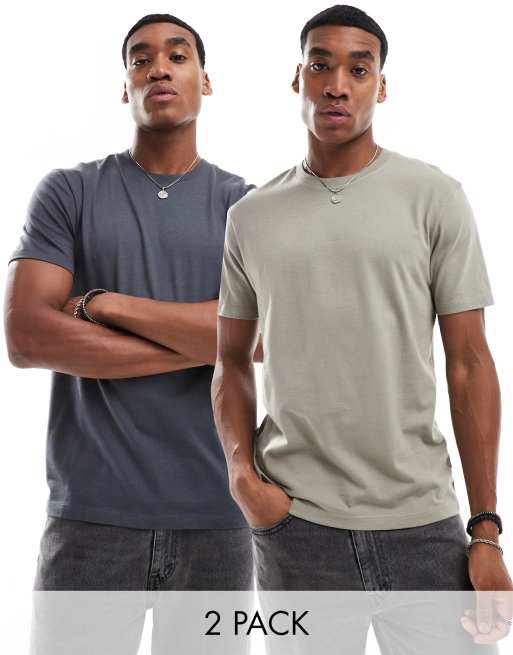 ASOS DESIGN – Essential – Zestaw 2 T-shirtów z okrągłym dekoltem, w kolorach grafitowym i khaki