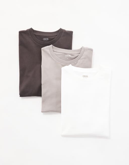 ASOS DESIGN Essential – Zestaw 3 T-shirtów w kolorach brązowym, kamiennobeżowym i białym    