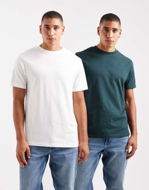 ASOS DESIGN Essentials 2 pack crew neck t-shirt in cream and dark green - view 1