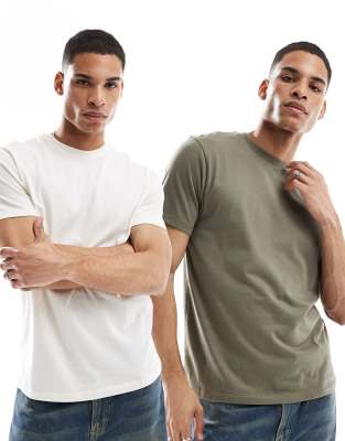 ASOS DESIGN ASOS DESIGN Essentials 2 pack crew neck t-shirts in khaki and cream-Multi