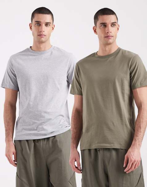 ASOS DESIGN Essentials 2 pack crew neck t-shirts in khaki and grey marl 