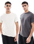 [ASOS DESIGN] ASOS DESIGN essentials 2 pack crew neck t-shirts with roll sleeve in charcoal and cream-Multi S MULTI