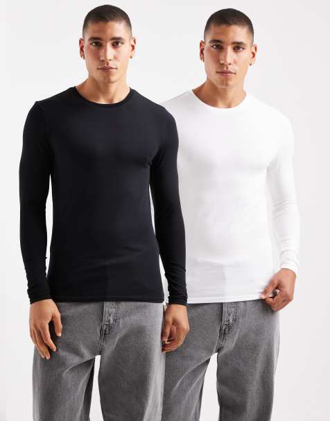 ASOS DESIGN Essentials 2 pack muscle fit long sleeve t-shirts in black and white 