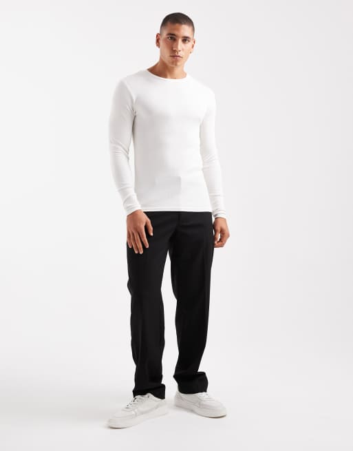 ASOS DESIGN Essentials 2 pack muscle fit long sleeve t-shirts in cream and navy rib , 2 of 5