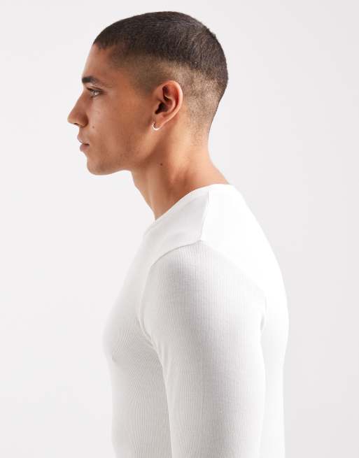 ASOS DESIGN Essentials 2 pack muscle fit long sleeve t-shirts in cream and navy rib , 4 of 5