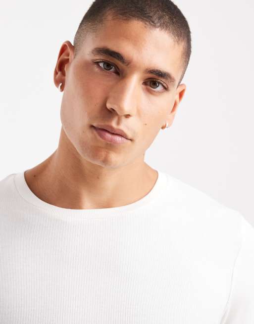 ASOS DESIGN Essentials 2 pack muscle fit long sleeve t-shirts in cream and navy rib , 5 of 5