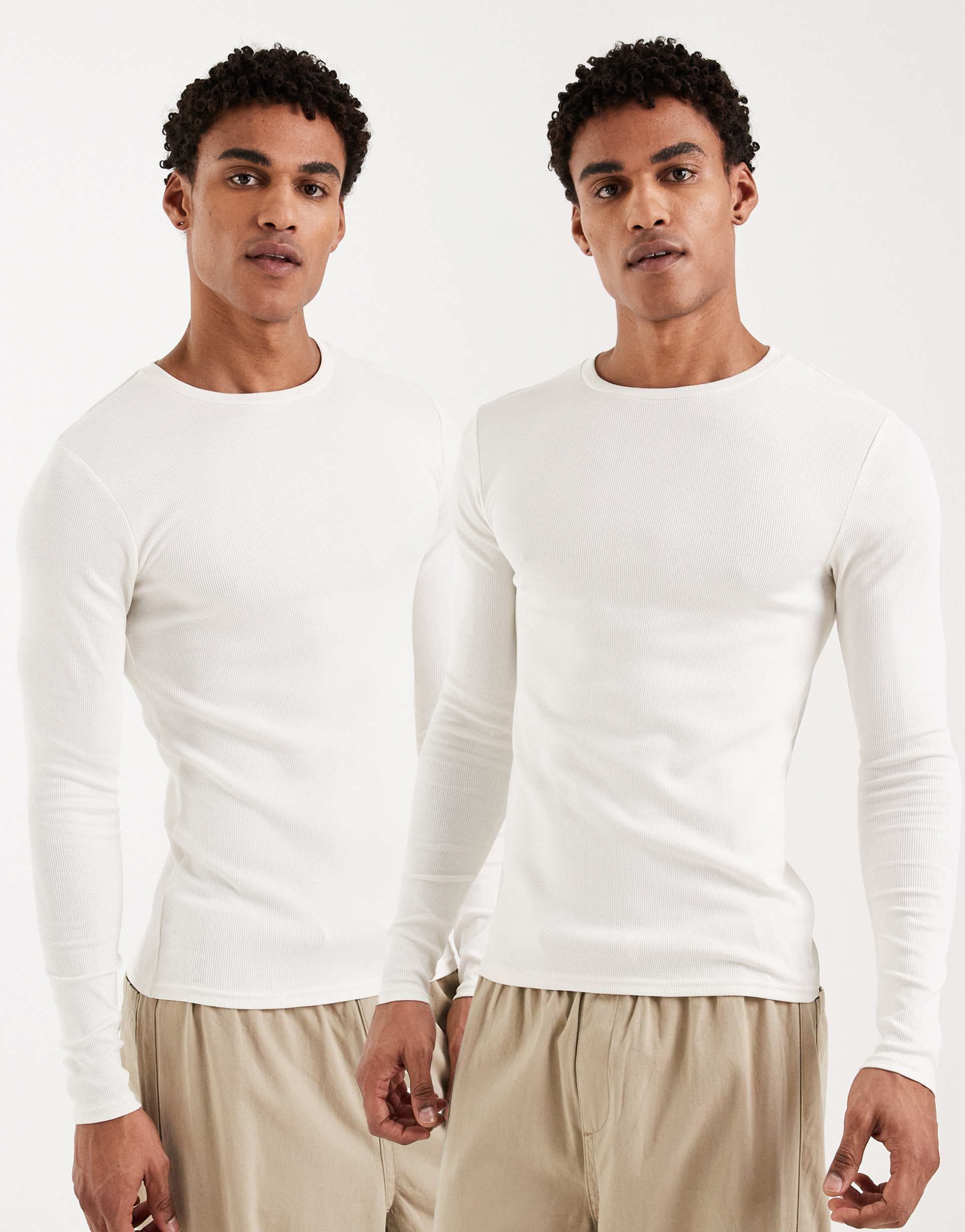 ASOS DESIGN Essentials 2 pack muscle fit long sleeve T-shirts in cream rib