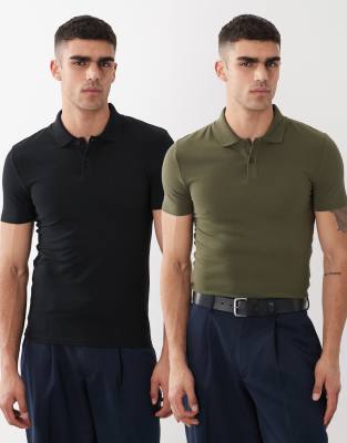 Asos Design Essentials 2 Pack Muscle Fit Polos In Multi