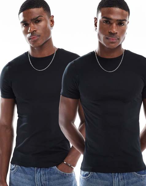 ASOS DESIGN Essentials 2 pack muscle fit t-shirts in black