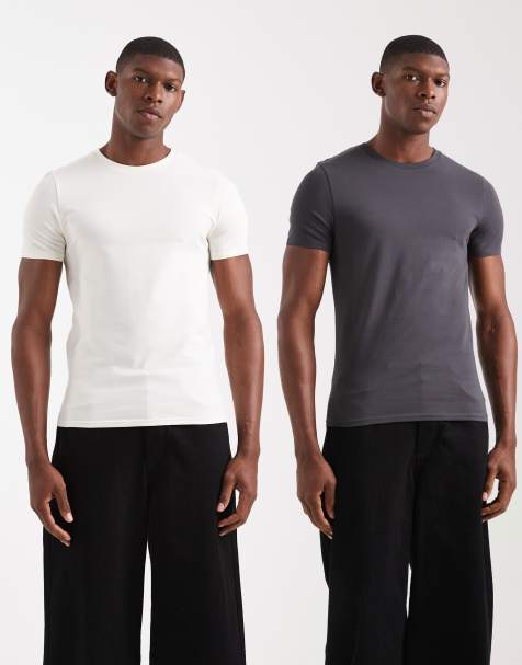 ASOS DESIGN Essentials 2 pack muscle fit t-shirts in charcoal and white