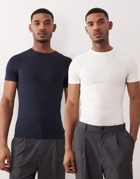 ASOS DESIGN Essentials 2 pack muscle fit t-shirts in cream and navy