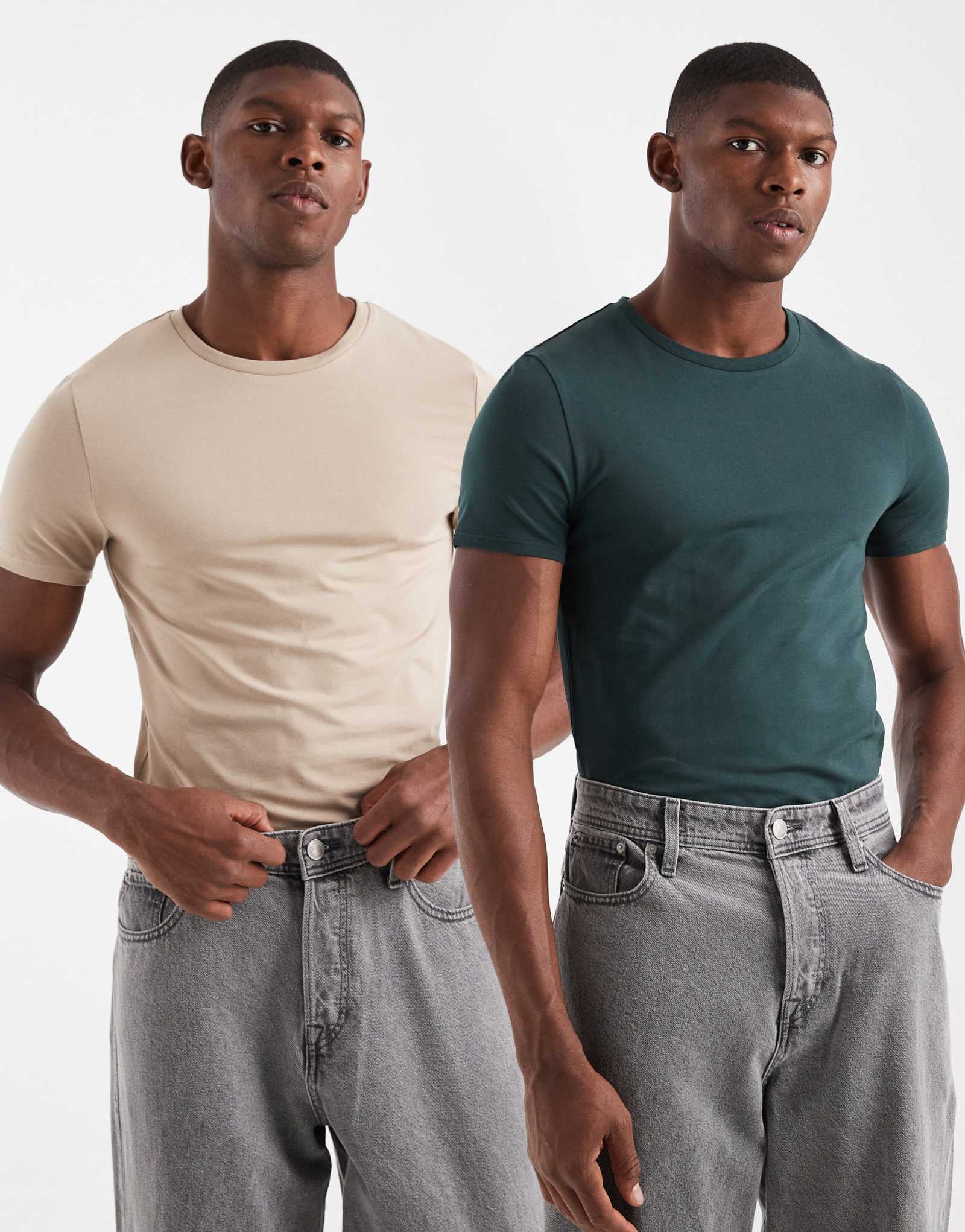 ASOS DESIGN Essentials - 2 комплекта футболок muscle fit темно-зеленого и нейтрального цветов