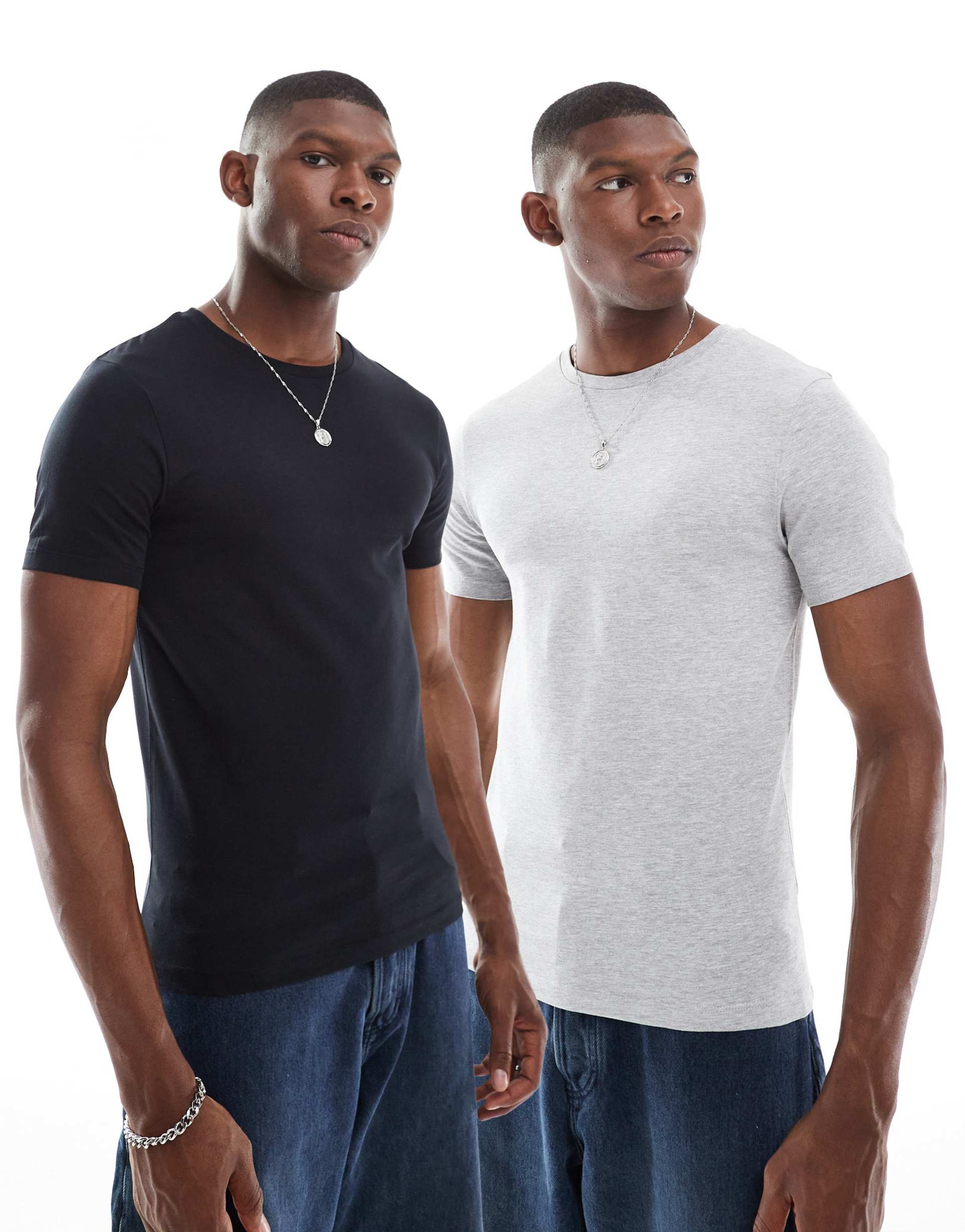 ASOS DESIGN essentials 2 pack muscle fit T-shirts in white and gray heather