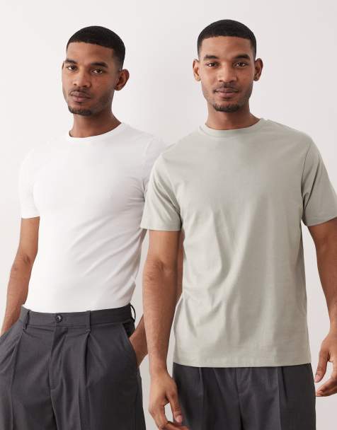 ASOS DESIGN Essentials 2 pack muscle fit t-shirts in white and khaki - view 1