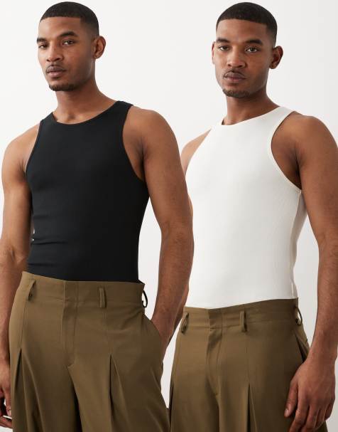 ASOS DESIGN Essentials 2-pack muscle fit tank top in black and cream rib - view 1