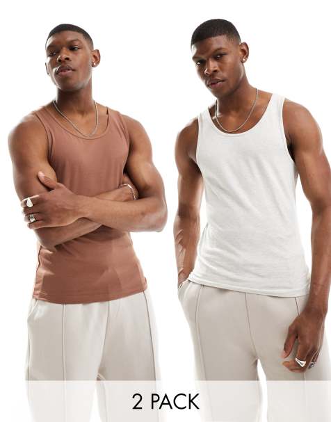 ASOS DESIGN essentials 2 pack muscle fit tanks in oatmeal heather and brown - view 1