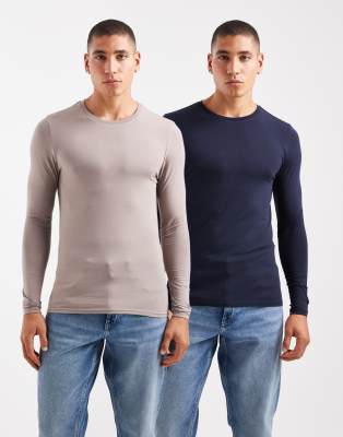 ASOS DESIGN Essentials 2 pack muscle long sleeve T-shirts in stone and navy-Multi