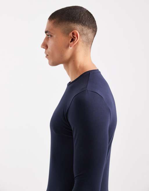 ASOS DESIGN Essentials 2 pack muscle long sleeve t-shirts in stone and navy , 4 of 5