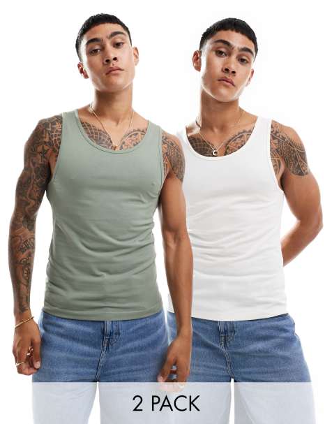 ASOS DESIGN essentials 2 pack muscle singlets in cream and mid green - view 1