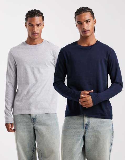 ASOS DESIGN Essentials 2 pack of regular fit long sleeve t-shirts in navy and grey marl - view 1