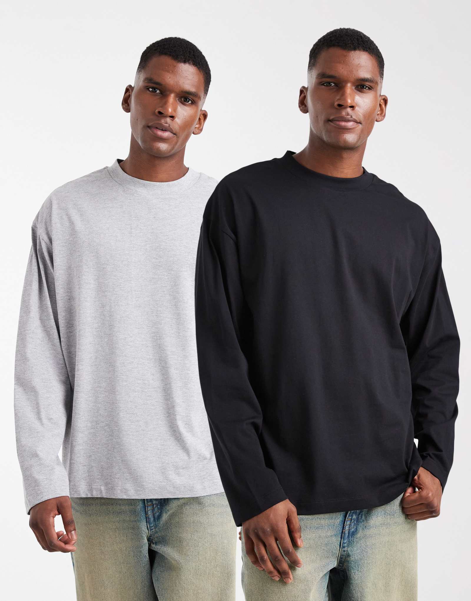 ASOS DESIGN Essentials - 2 упаковки негабаритных футболок с длинными рукавами черного и вересково-серого цветов 