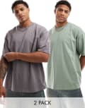 [ASOS DESIGN] ASOS DESIGN essentials 2 pack oversized t-shirts in brown and khaki-Multi XS MULTI