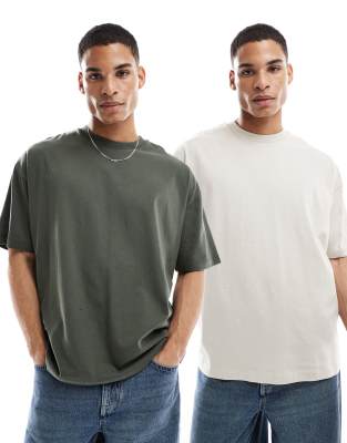ASOS DESIGN essentials 2 pack oversized T-shirts in charcoal and stone-Multi