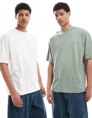 ASOS DESIGN ASOS DESIGN Essentials 2 pack oversized t-shirts in cream and green-Multi