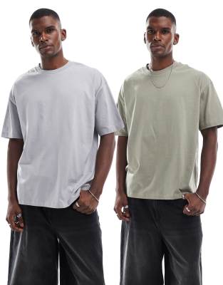 ASOS DESIGN essentials 2 pack oversized T-shirts in gray and khaki-Multi