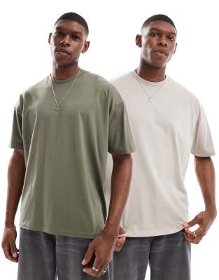 ASOS DESIGN essentials 2 pack oversized T-shirts in stone and khaki-Multi
