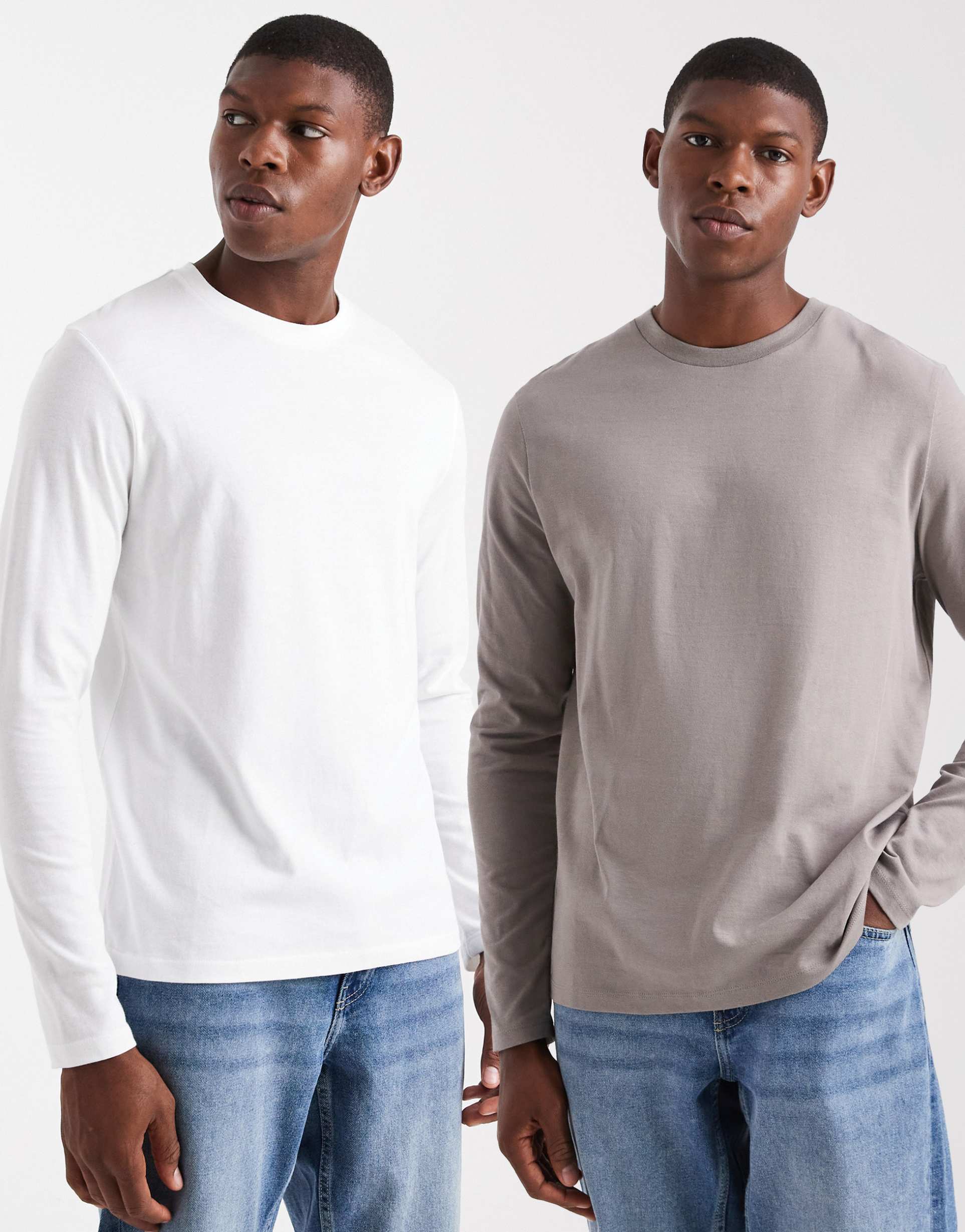 ASOS DESIGN Essentials 2 pack regular fit long sleeve T-shirts in stone and white