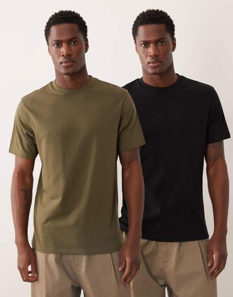 ASOS DESIGN Essentials 2 pack regular fit t-shirt in black and khaki - view 1